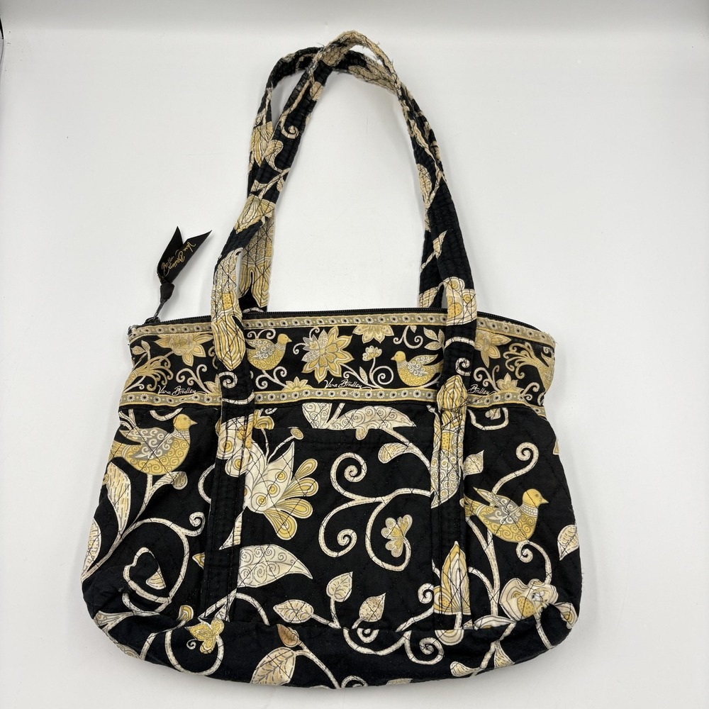Vera Bradley Retired Tote Bag Small Black Bird Floral Quilted Cotton Zip‎ Purse